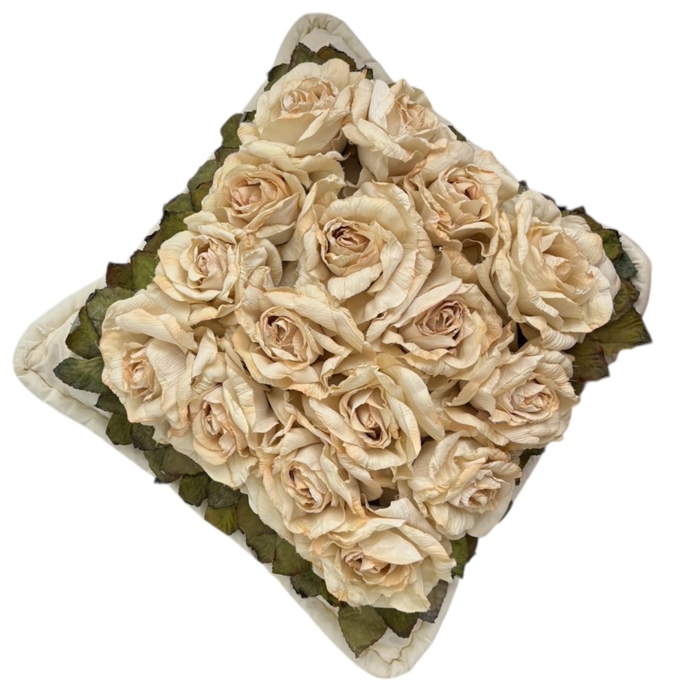 Vintage Handmade Pillow 3D Silk Flowers French Country Cottage Cream Ivory Roses - Picture 2 of 9